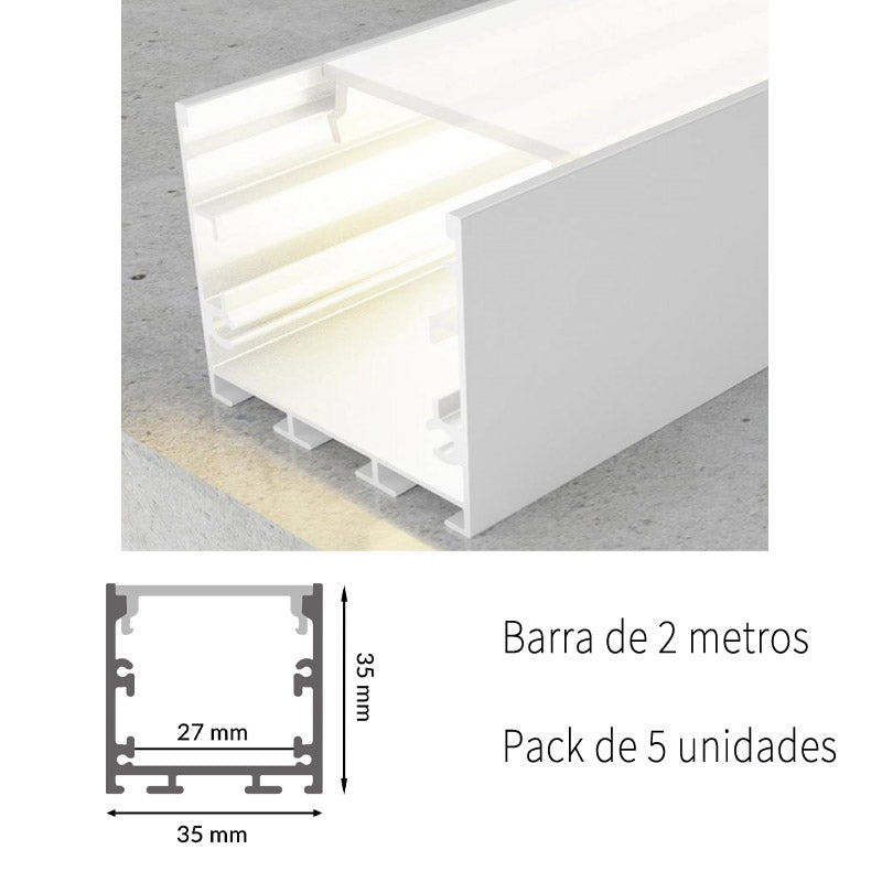 Pack 5 Perfiles de Aluminio Color Blanco Superficie/Colgante 35x35mm Con Difusor Opal Longitud 2 Metros LY21-13-BL