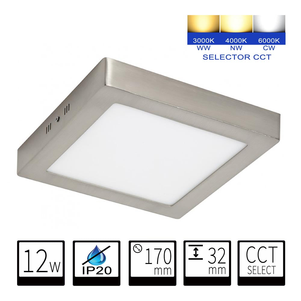 Plafón LED Cuadrado CCT 12W 170x170mm 1200lm Selección de Temperatura (3000K-4000K-6000K) - Diseño Profesional Níquel