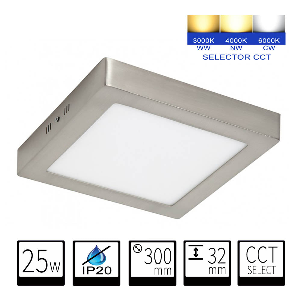 Plafón LED Cuadrado CCT 25W 300x300mm 2500lm Selección de Temperatura (3000K-4000K-6000K) - Diseño Profesional Níquel