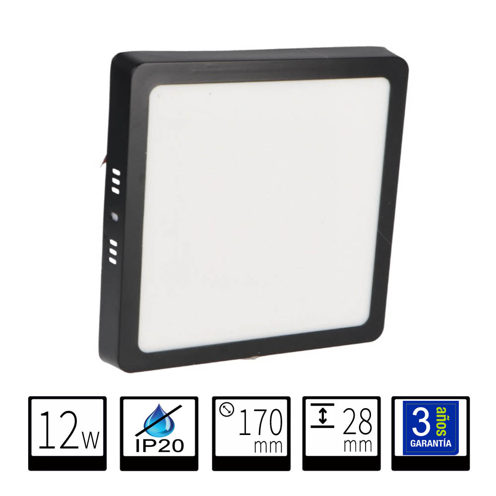Plafón LED Cuadrado Negro 12W CCT | Diseño Moderno de Superficie | 1200 Lúmenes - Selector CCT