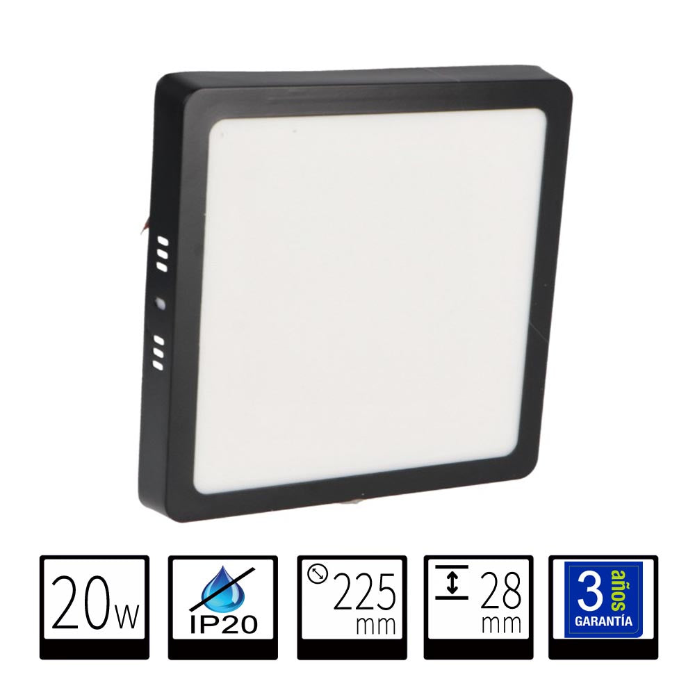 Plafón LED Cuadrado Negro 20W CCT | Diseño Moderno de Superficie | 2000 Lúmenes - Selector CCT