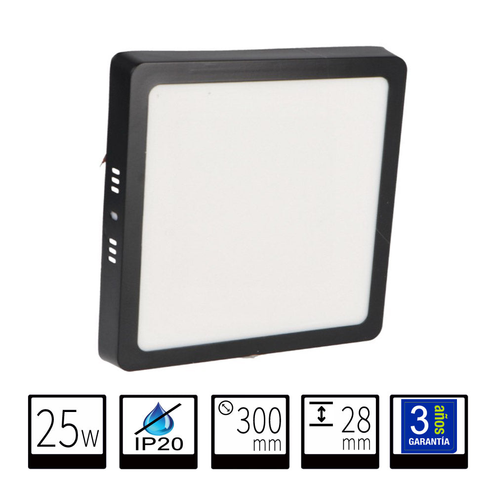 Plafón LED Cuadrado Negro 25W CCT | Diseño Moderno de Superficie | 2500 Lúmenes - Selector CCT