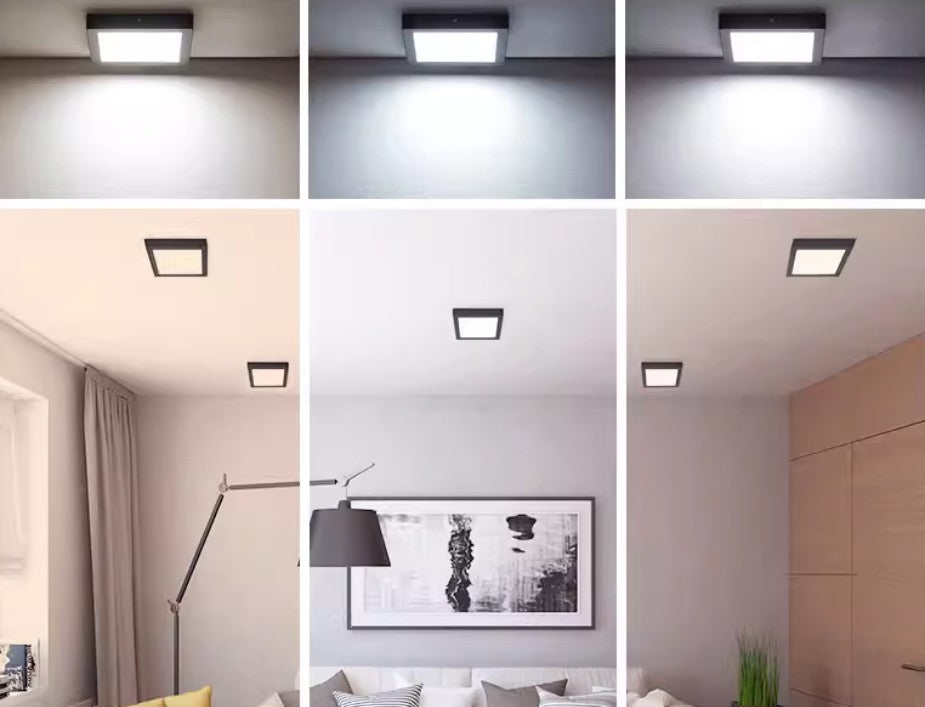 Plafón LED Cuadrado Negro 12W CCT | Diseño Moderno de Superficie | 1200 Lúmenes - Selector CCT