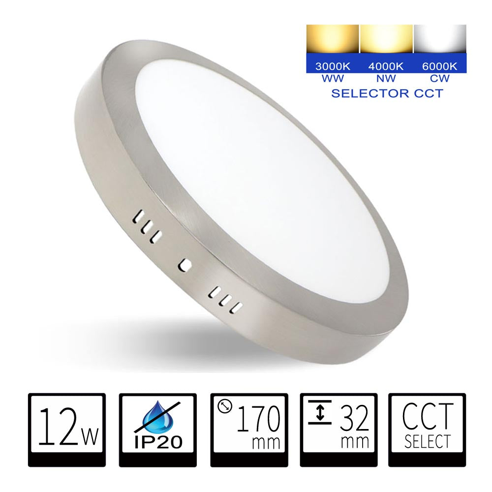 Plafón LED Redondo CCT 12W Ø170mm 1200lm Selección de Temperatura (3000K-4000K-6000K) - Diseño Profesional Níquel