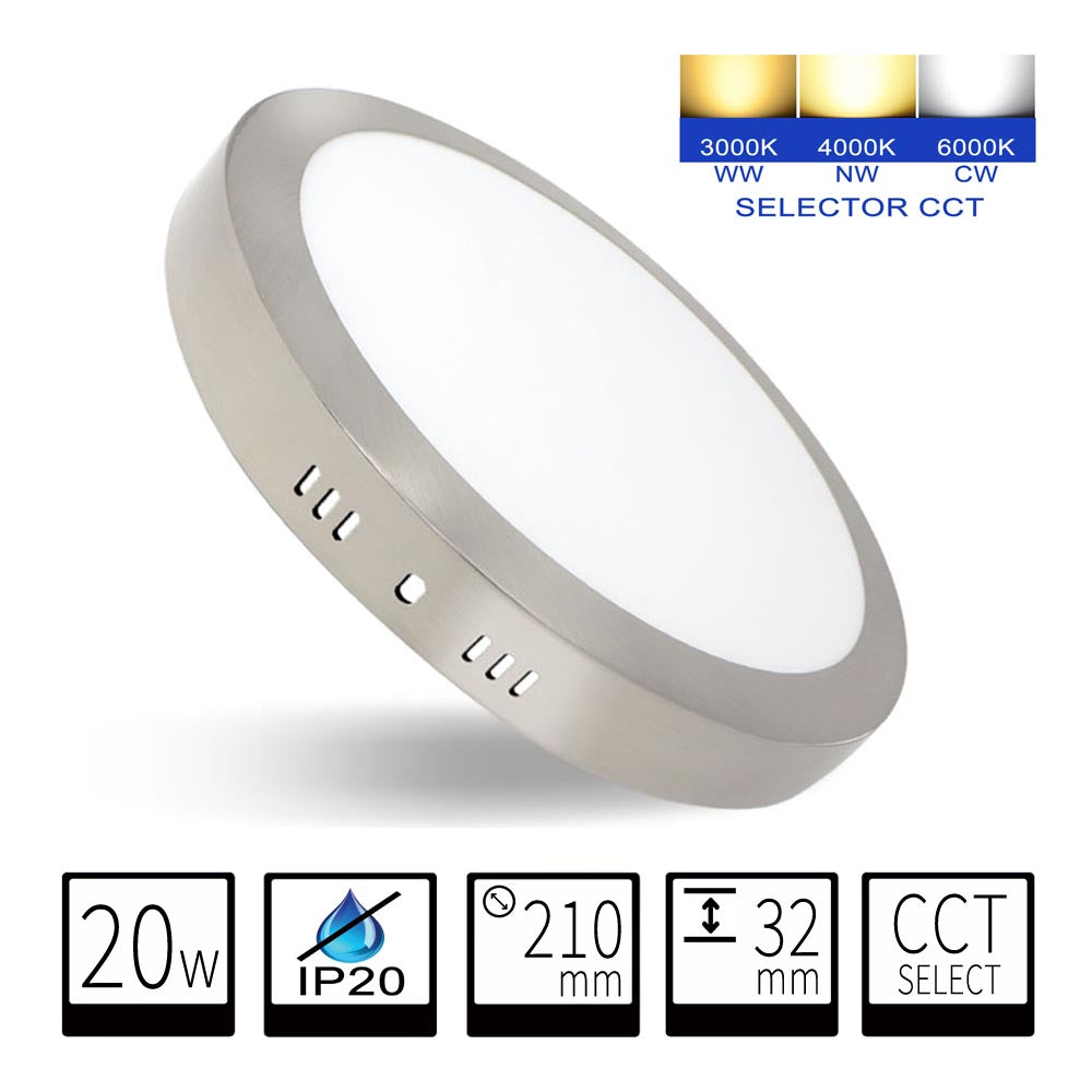 Plafón LED Redondo CCT 20W Ø210mm 2000lm Selección de Temperatura (3000K-4000K-6000K) - Diseño Profesional Níquel