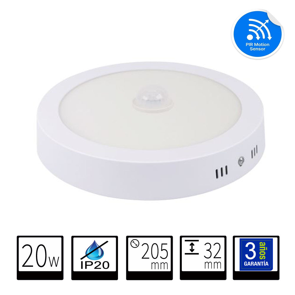 Plafón LED Redondo 18W con Sensor de Movimiento PIR - Superficie | 1600lm | Blanco Frio 6000K