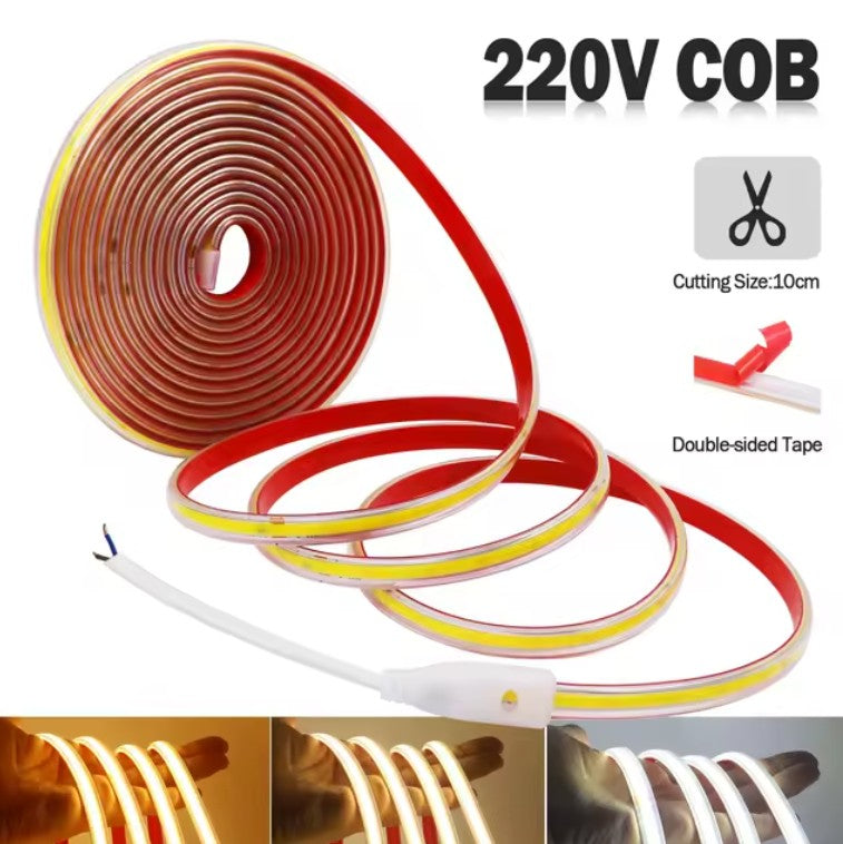 Tira LED COB 220V Directa 10W/m IP54 C/Autoadhesiva - Corte cada 10cm - Alta Densidad - 6000K Blanco Frio