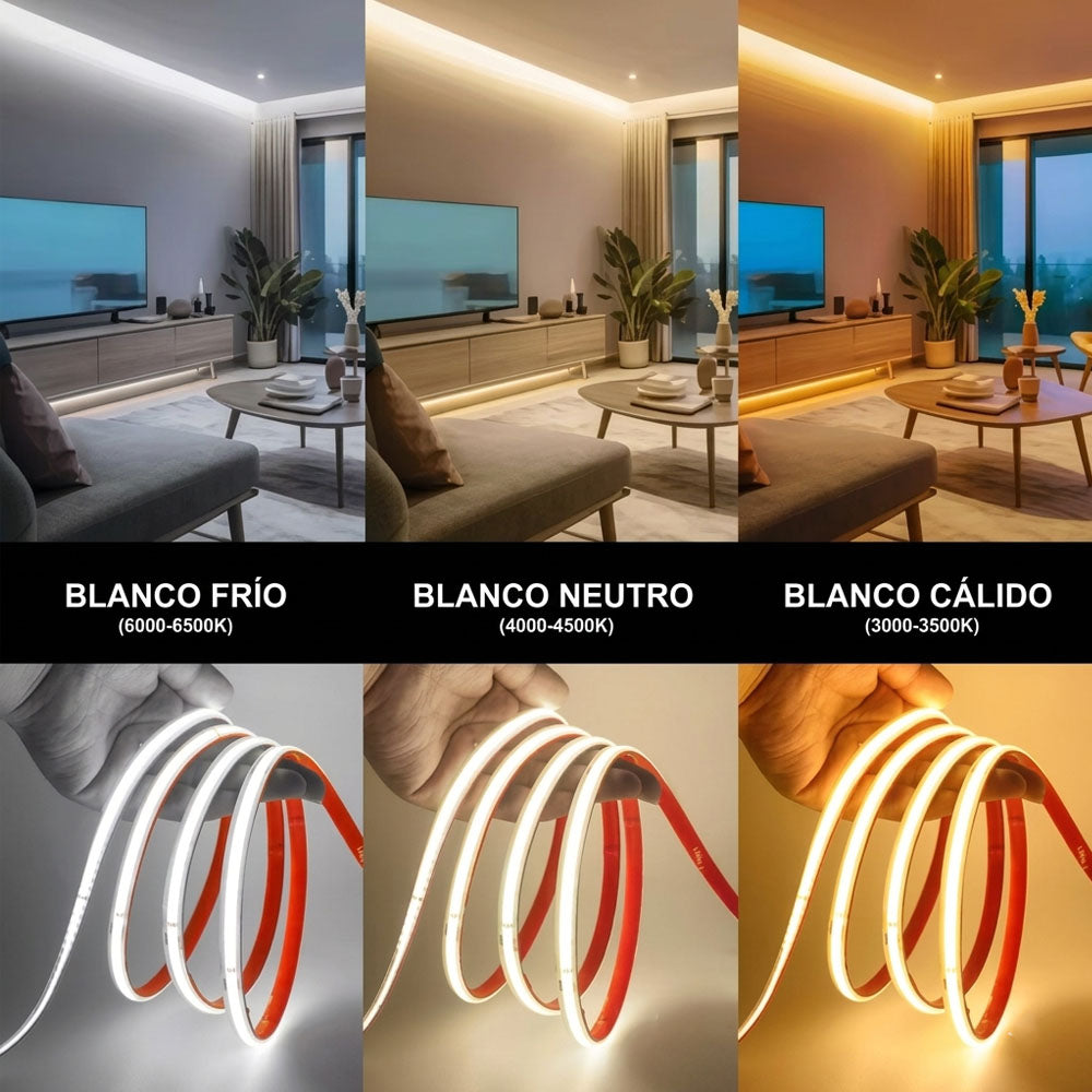 Tira LED COB 220V Directa 10W/m IP65 C/Autoadhesiva - Corte cada 10cm - Alta Densidad - 3000K Blanco Calido
