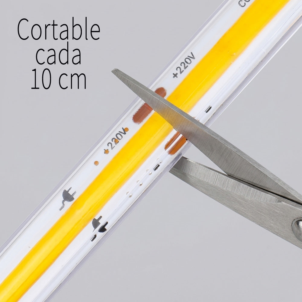 Tira LED COB 220V Directa 10W/m IP65 C/Autoadhesiva - Corte cada 10cm - Alta Densidad - 3000K Blanco Calido