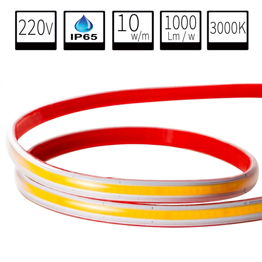 Tira LED COB 220V Directa 10W/m IP65 C/Autoadhesiva - Corte cada 10cm - Alta Densidad - 3000K Blanco Calido