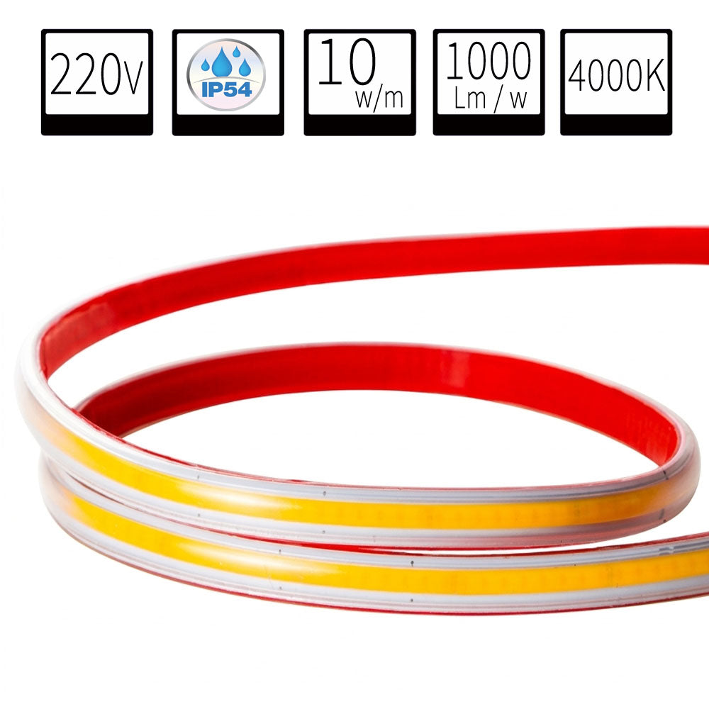 Tira LED COB 220V Directa 10W/m IP54 C/Autoadhesiva - Corte cada 10cm - Alta Densidad - 4000K Blanco Neutro