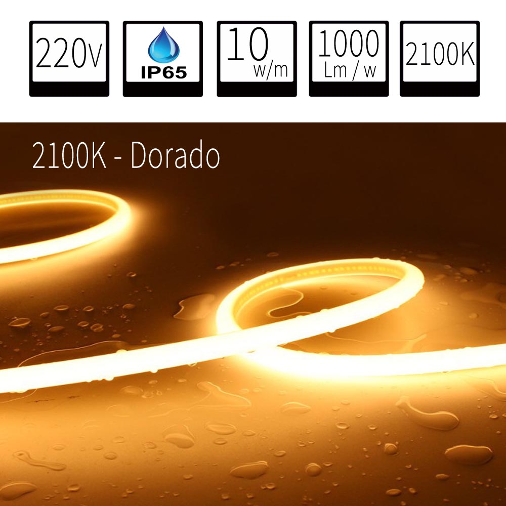 Tira LED COB 220V Directa 10W/m IP65 C/Autoadhesiva - Corte cada 10cm - 2100K Dorado