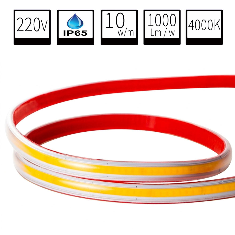 Tira LED COB 220V Directa 10W/m IP65 C/Autoadhesiva - Corte cada 10cm - Alta Densidad - 4000K Blanco Neutro