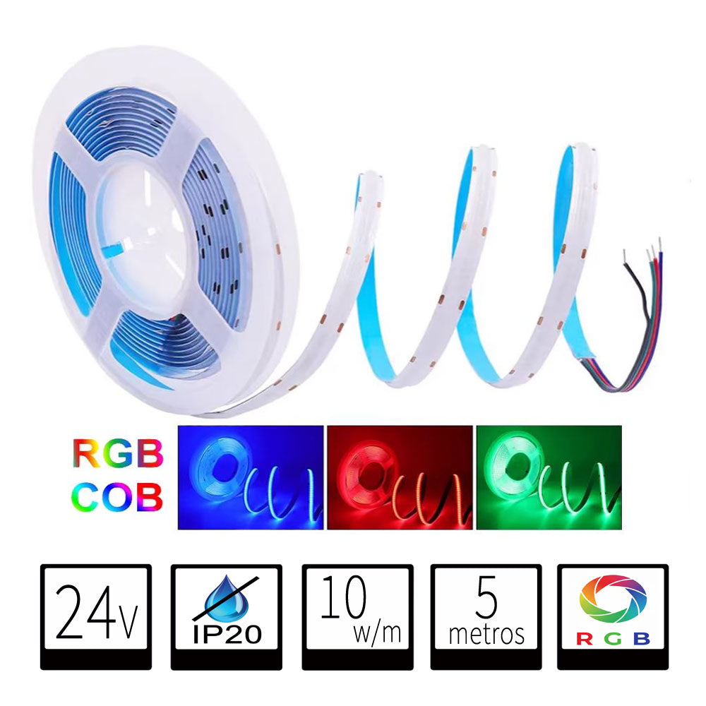 Tira LED 24V COB IP20 RGB 10w/m 576chips/m Rollo de 5 metros Anchura 10mm