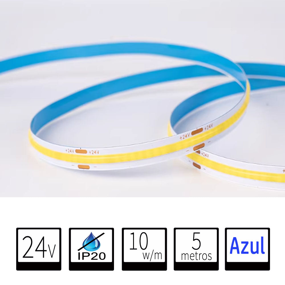 Tira LED 24V COB IP20 Azul 10w/m 320chips/m Rollo de 5 metros Anchura 8mm