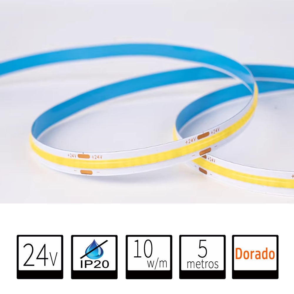 Tira LED 24V COB IP20 Dorado 10w/m 320chips/m Rollo de 5 metros Anchura 8mm