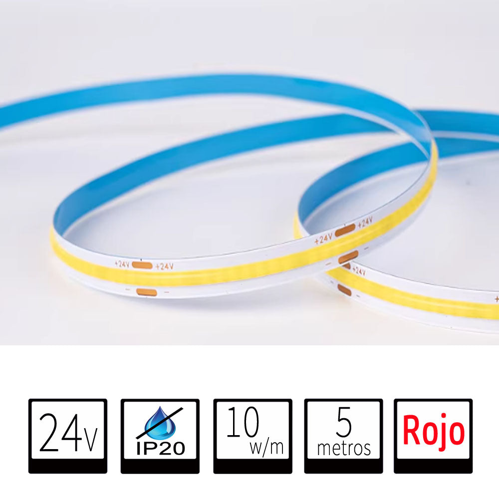 Tira LED 24V COB IP20 Rojo 10w/m 320chips/m Rollo de 5 metros Anchura 8mm