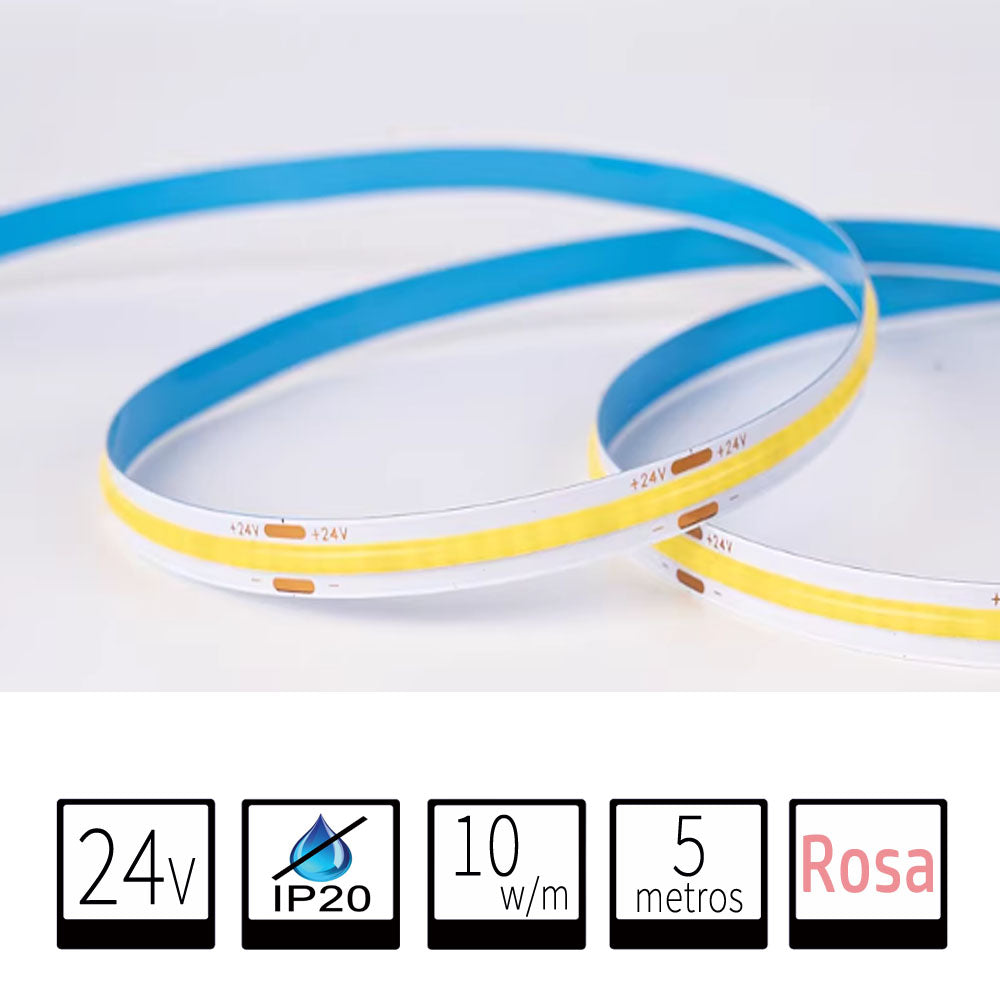 Tira LED 24V COB IP20 Rosa 10w/m 320chips/m Rollo de 5 metros Anchura 8mm