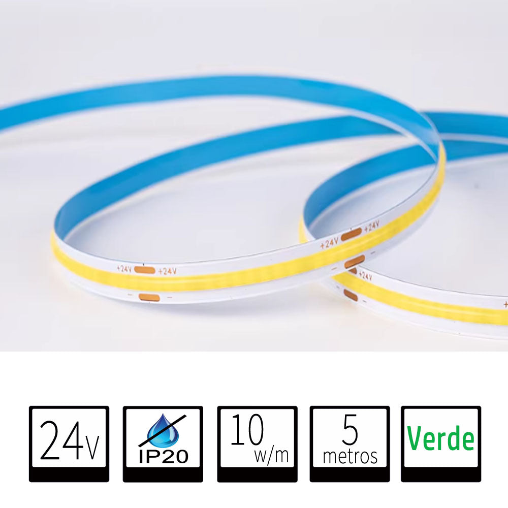 Tira LED 24V COB IP20 Verde 10w/m 320chips/m Rollo de 5 metros Anchura 8mm