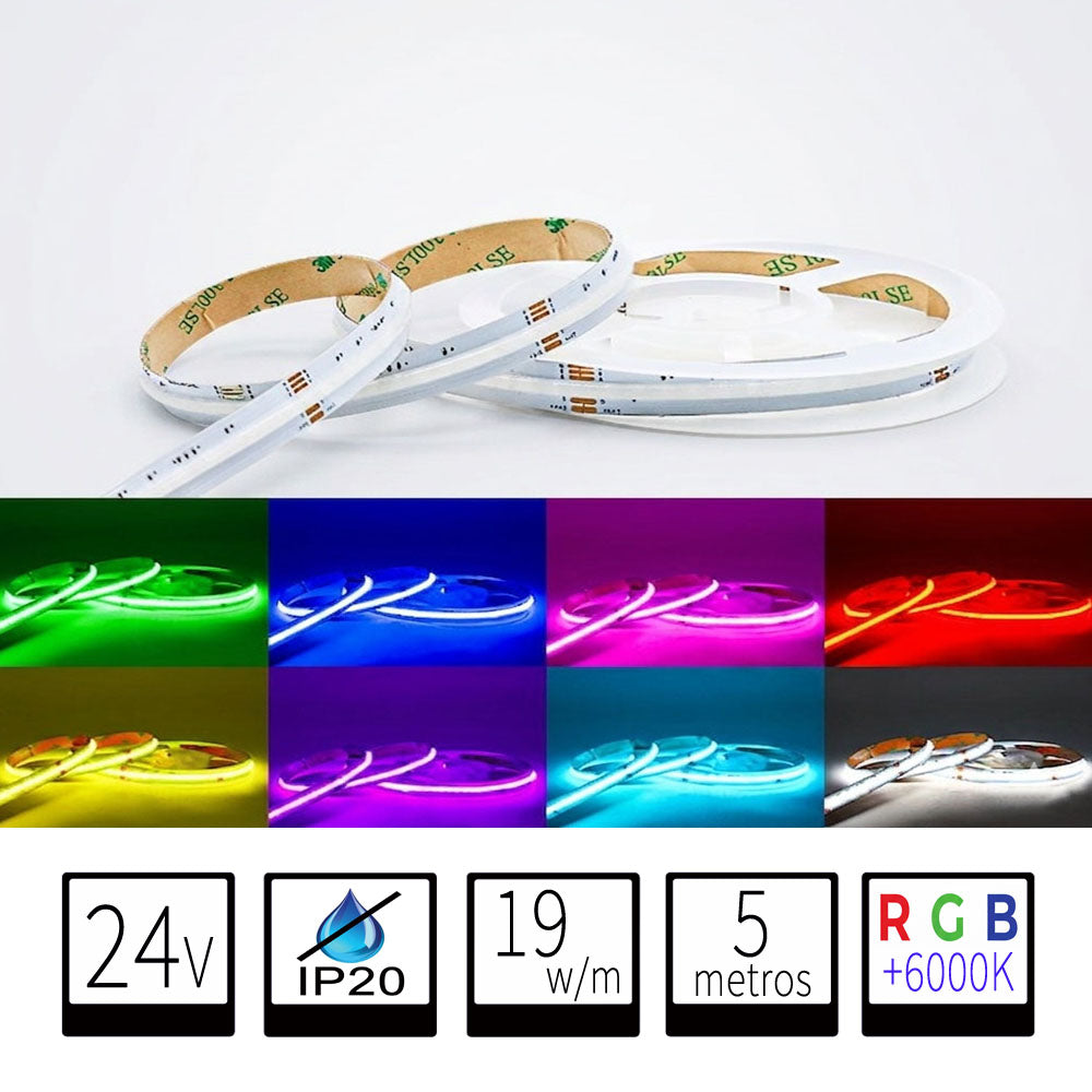 Tira LED COB 24V RGB + 6000K Blanco Frío IP20 19W/m 784chips/m Rollo 5 Metros