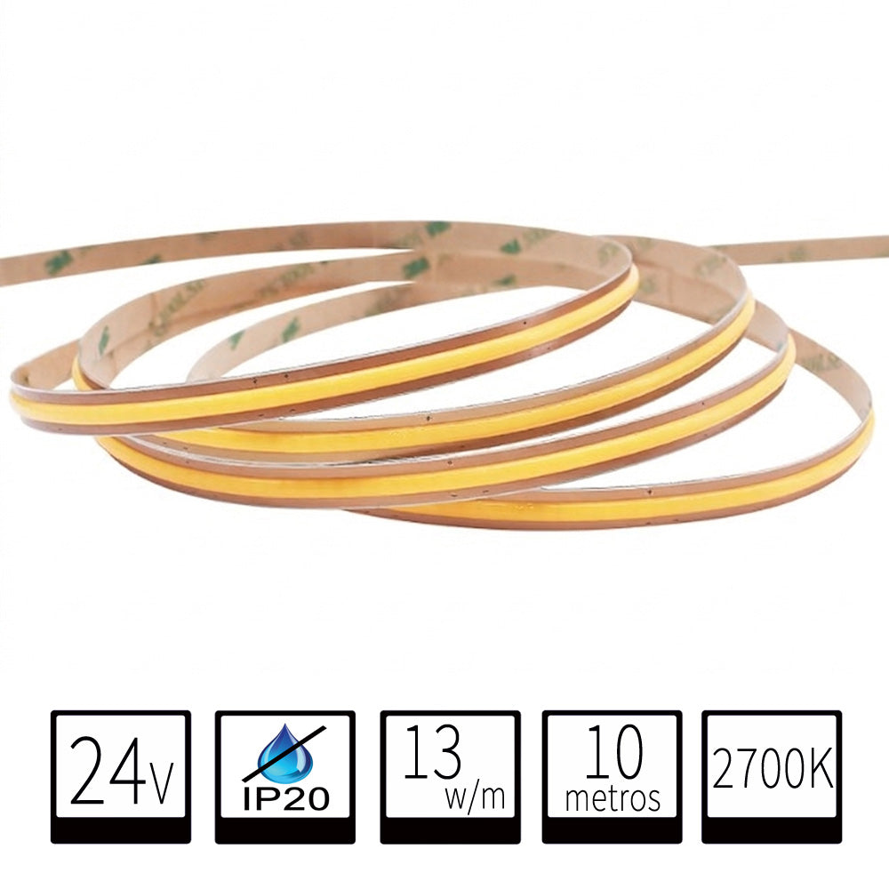 Tira LED 24V COB "Free Cut" | 13W/m - 10 Metros - IP20 - 2700K -Blanco Calido Intenso