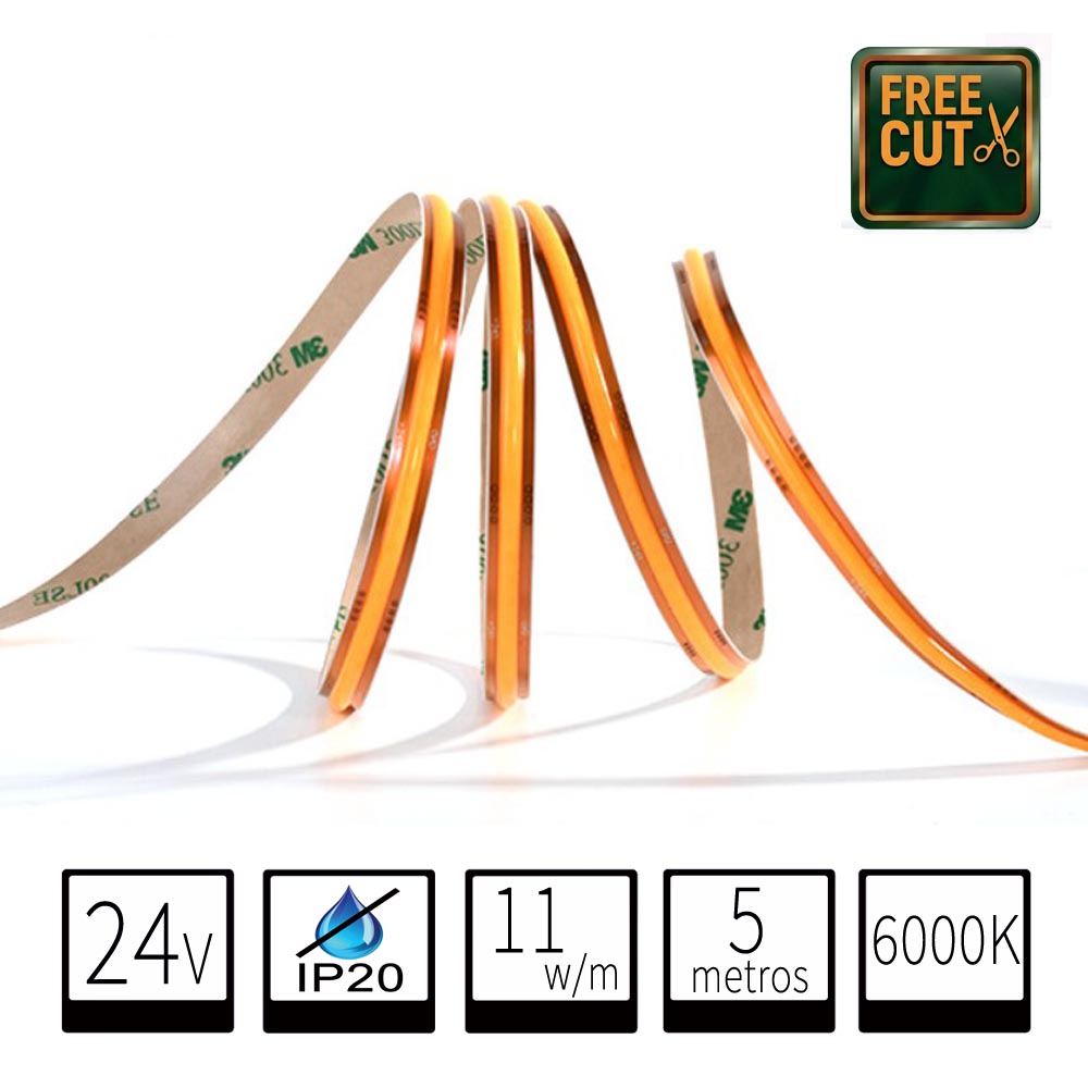 Tira LED 24V COB Free Cut / Corte Libre  11W/m - 5 Metros - IP20 - 6000K -Blanco Frio