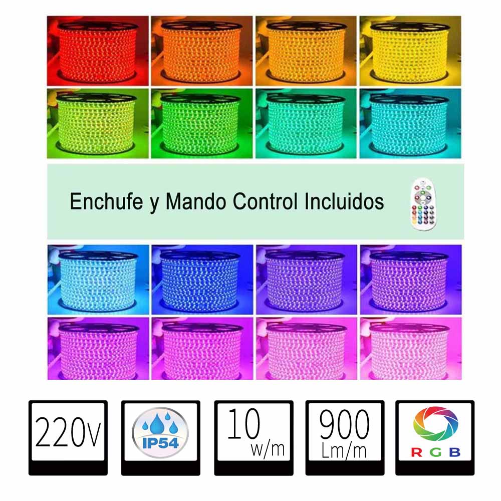 Tira LED 220V IP54 RGB SMD5050 10w/m 900lm/m 60chips/m Mando Incluido