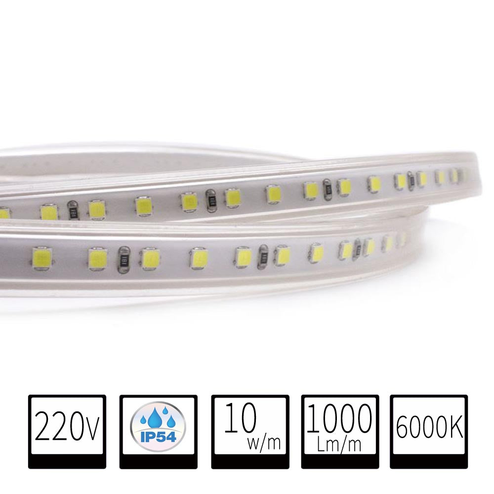Tira LED 220V IP54 6000K Blanco Frio SMD2835 10w/m 1000lm/m 120chips/m Corte 100cm