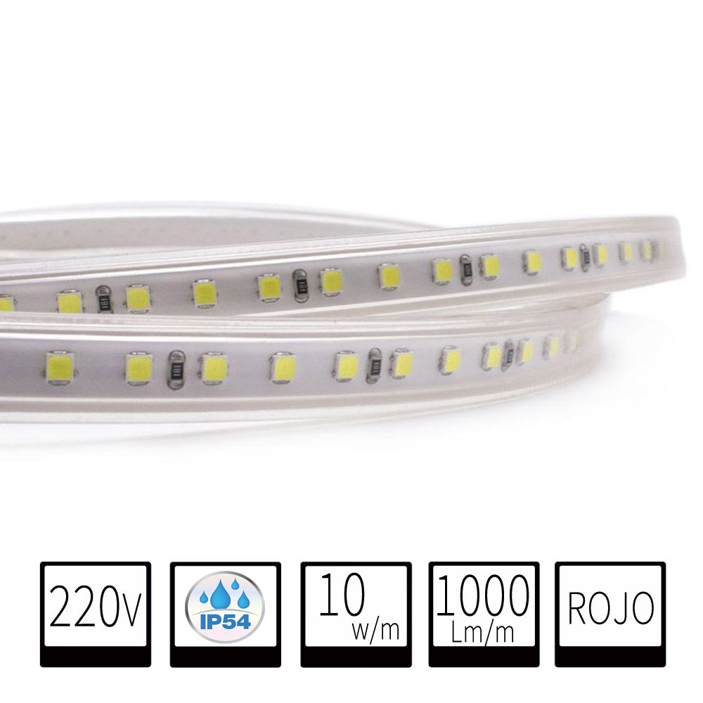 Tira LED 220V IP54 Rojo SMD2835 10w/m 1000lm/m 120chips/m Corte 100cm