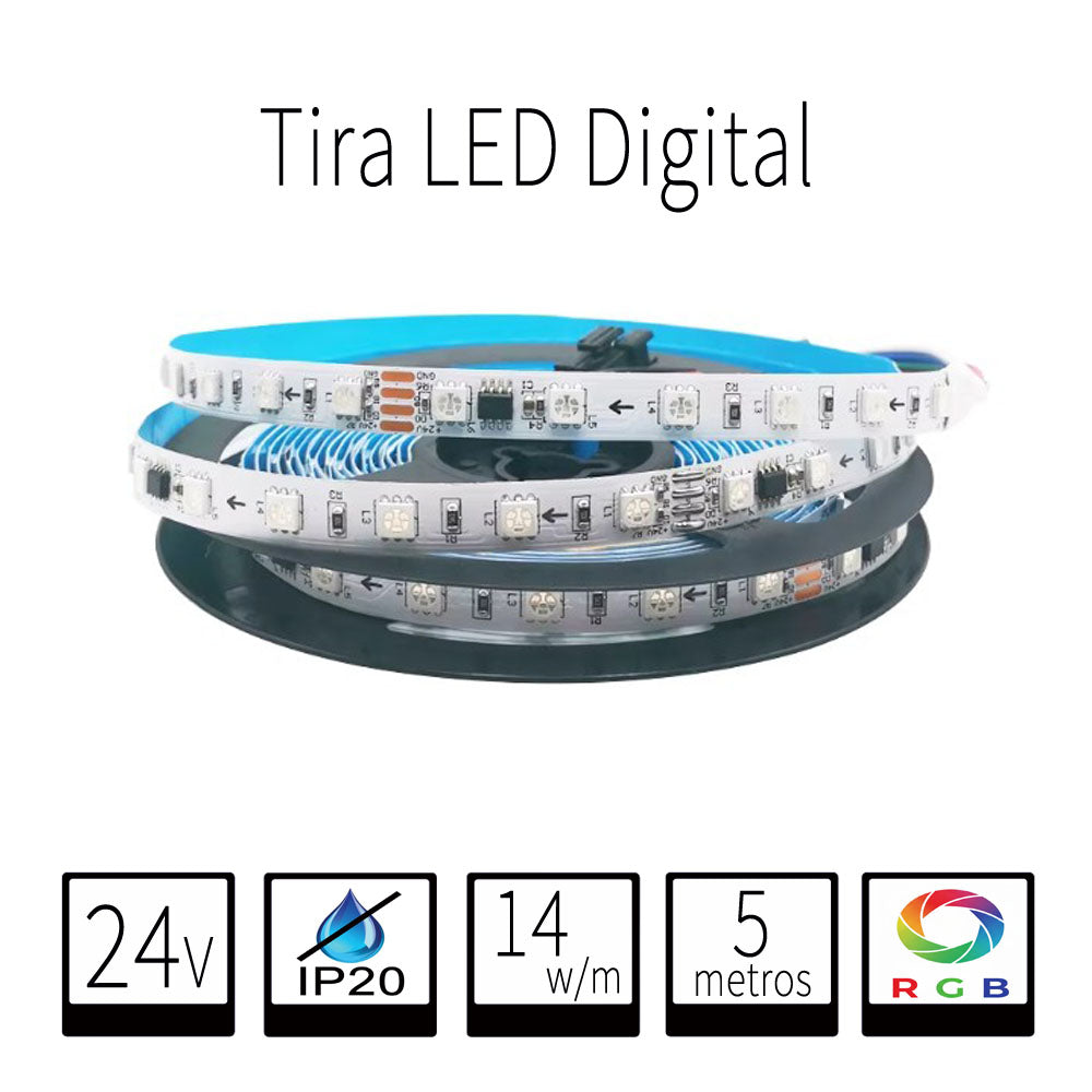 Tira LED Digital RGB IC 24V DC - 14W/m SMD5050 - 60 LED/m - IP20 Interior - 5 Metros