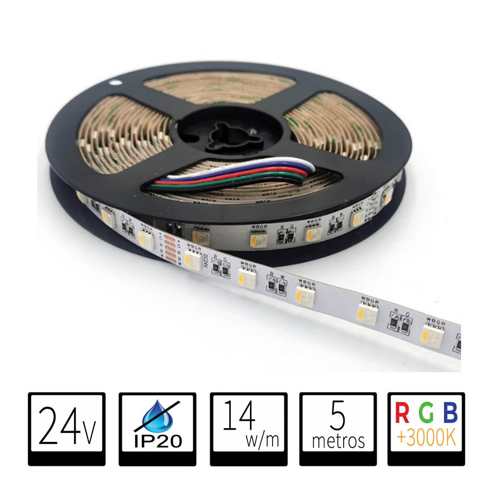 Tira LED 24V RGB + 3000K Blanco Calido IP20 14W/m Rollo 5 Metros SMD5050 Alta Potencia