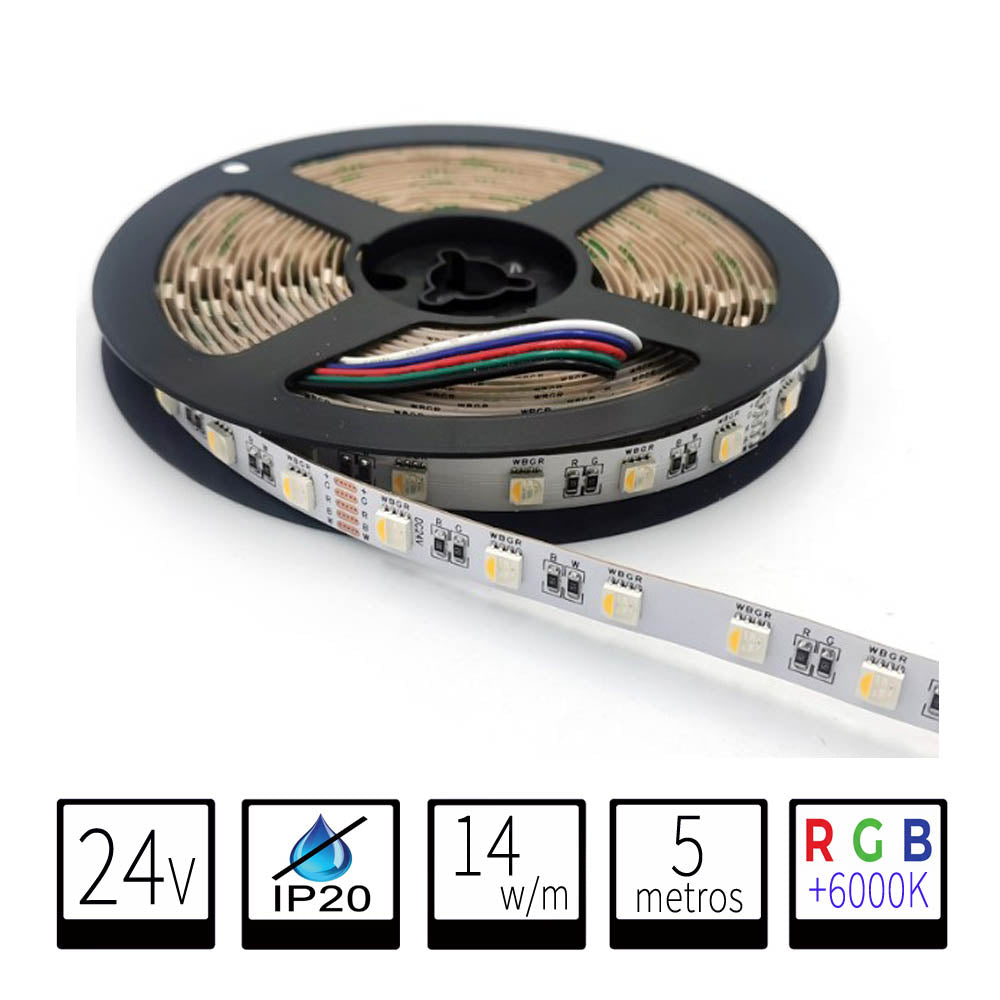 Tira LED 24V RGB + 6000K Blanco Frío IP20 14W/m Rollo 5 Metros SMD5050 Alta Potencia