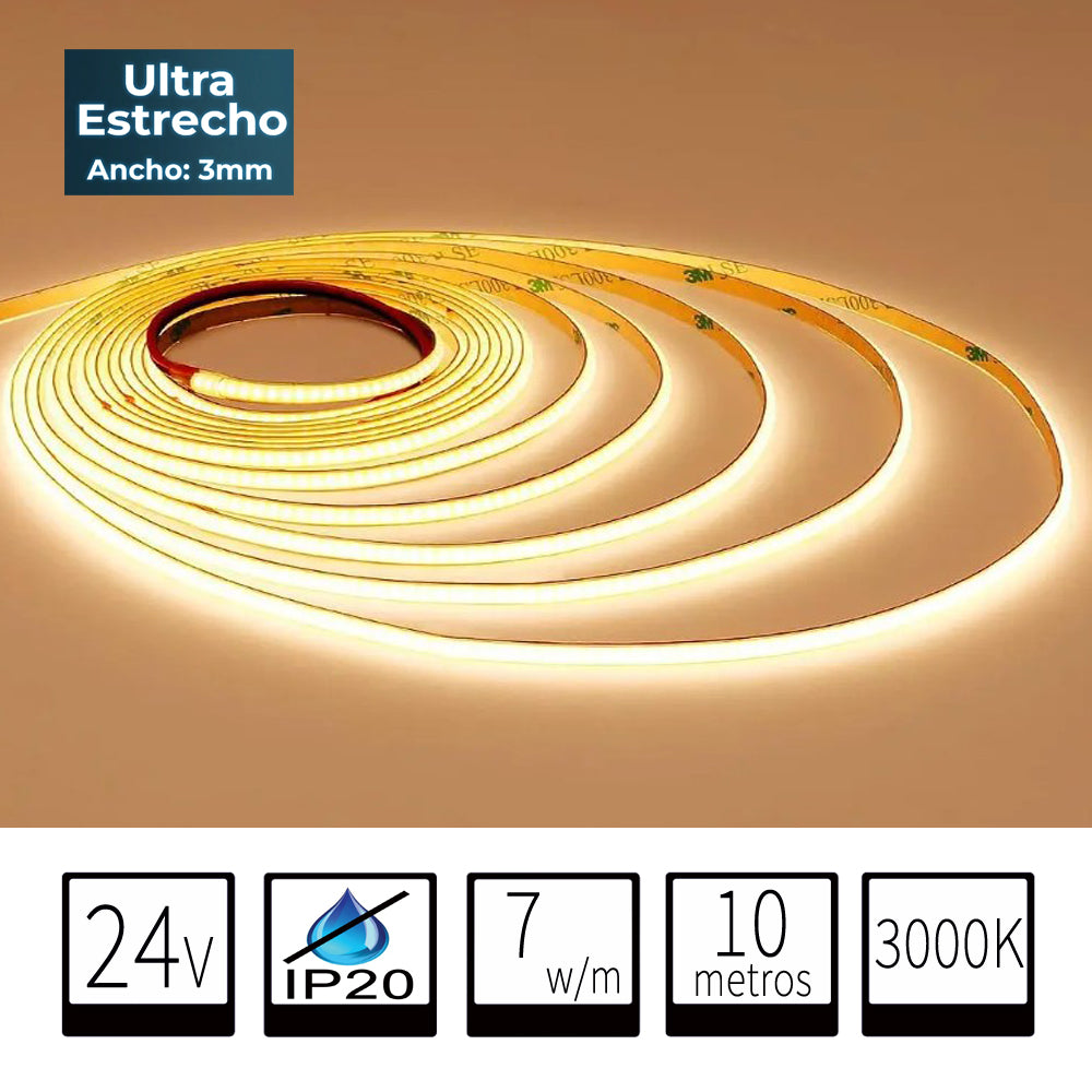 Tira LED COB 24V IP20 7W/m CRI90 3000K Blanco Calido – Diseño Ultra Estrecho 3mm (Rollo de 10metros)
