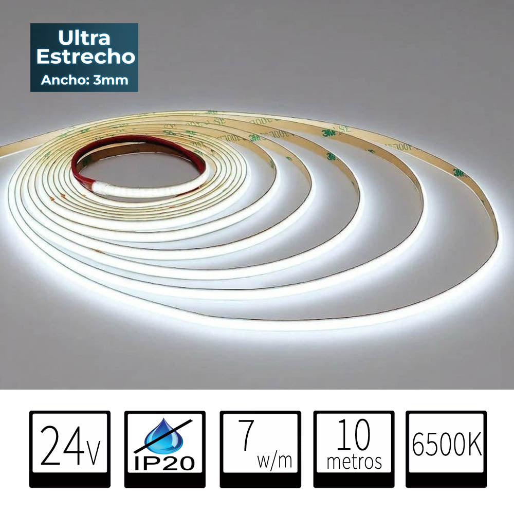 Tira LED COB 24V IP20 7W/m CRI90 6500K Blanco Frio – Diseño Ultra Estrecho 3mm (Rollo de 10metros)