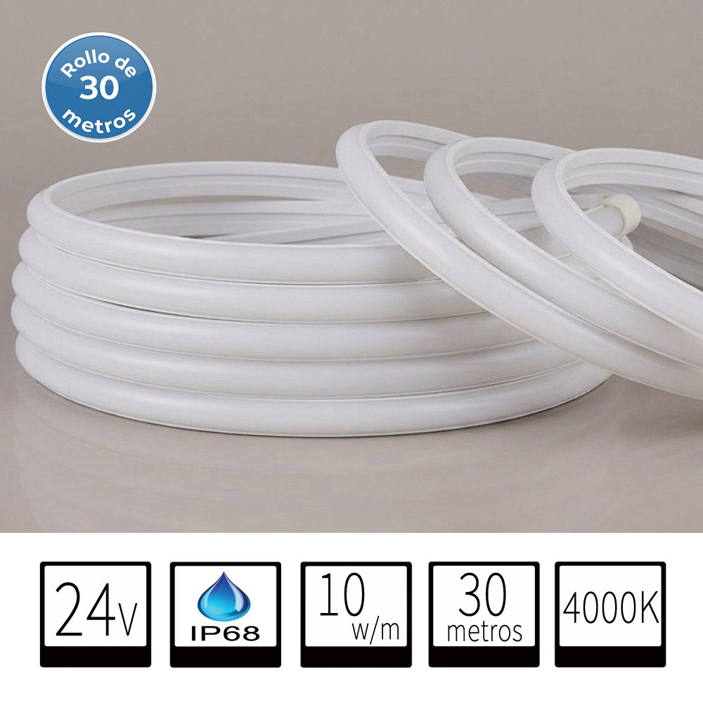 Tira LED COB 24V DC IP68 Sumergible - 10W/m - Rollo de 30m - Luz Neutra 4000K