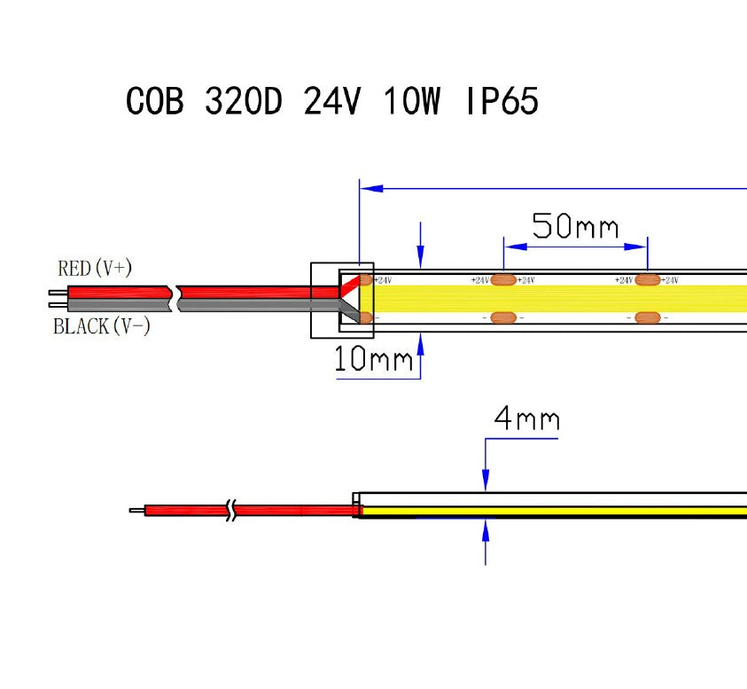 Tira LED 24V COB IP65 6500K 10w/m 950lm/m 320chips/m Rollo de 5 metros Anchura 8mm