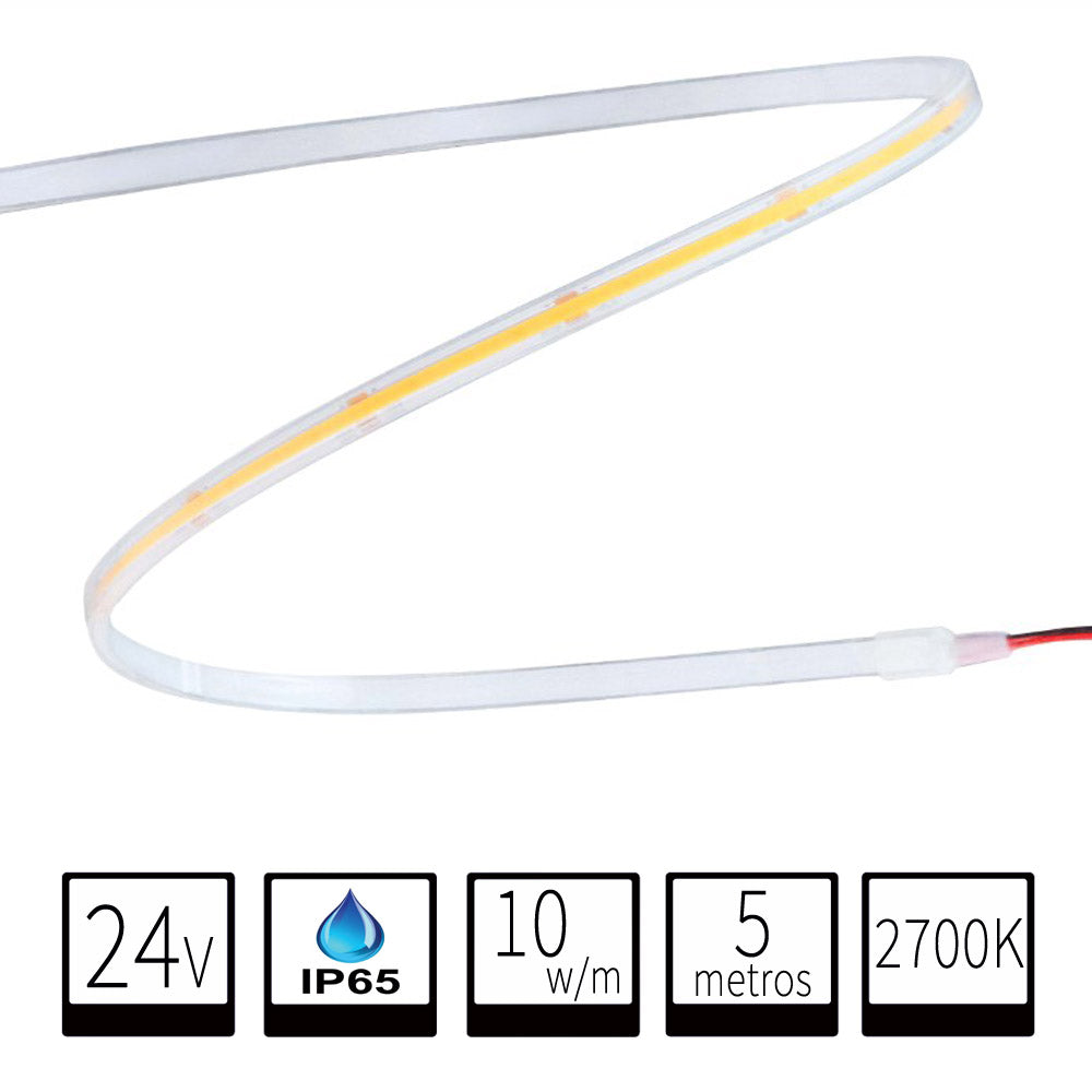 Tira LED 24V COB IP65 2700K 10w/m 950lm/m 320chips/m Rollo de 5 metros Anchura 8mm