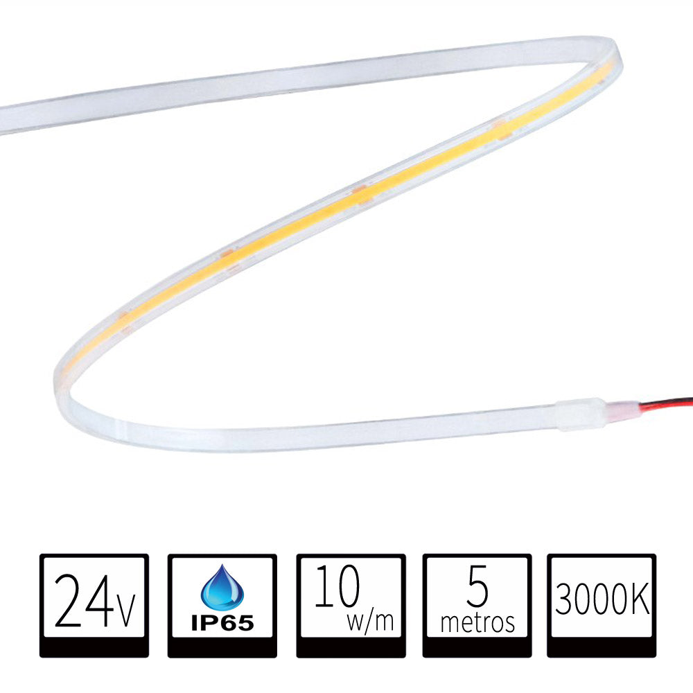 Tira LED 24V COB IP65 3000K 10w/m 950lm/m 320chips/m Rollo de 5 metros Anchura 8mm