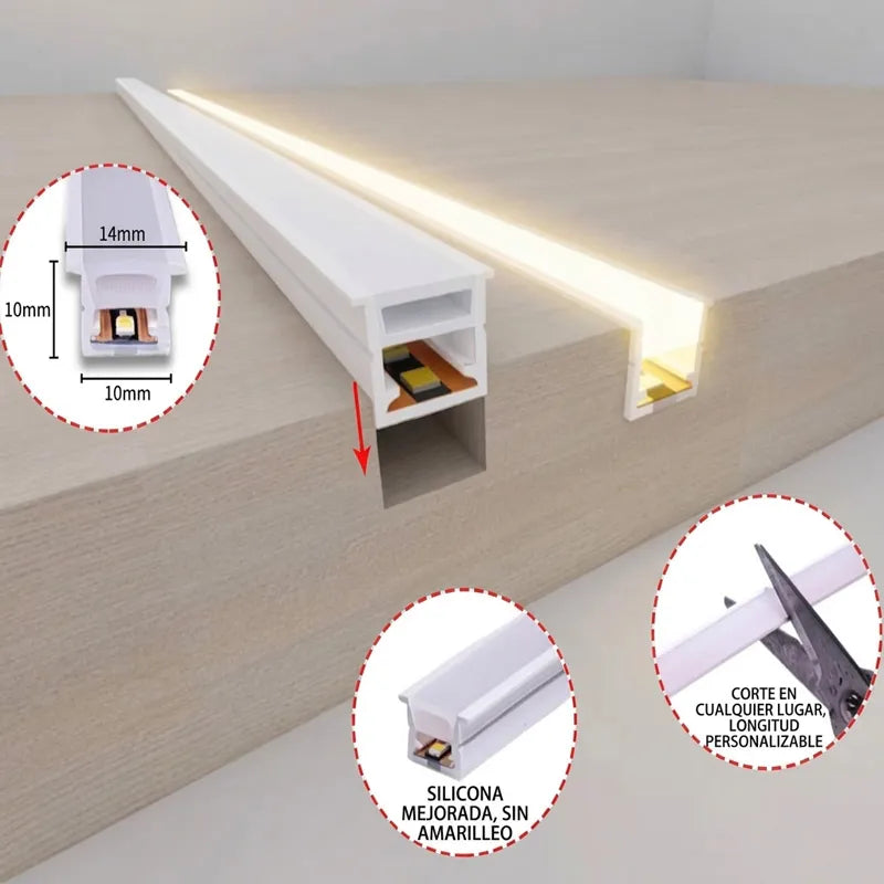 Tira LED DC 24V Neón de Silicona Empotrable 10x10mm 3000K-Blanco Calido 10W/M Ideal Para Armarios y Muebles Venta Por Metros Serie Munich