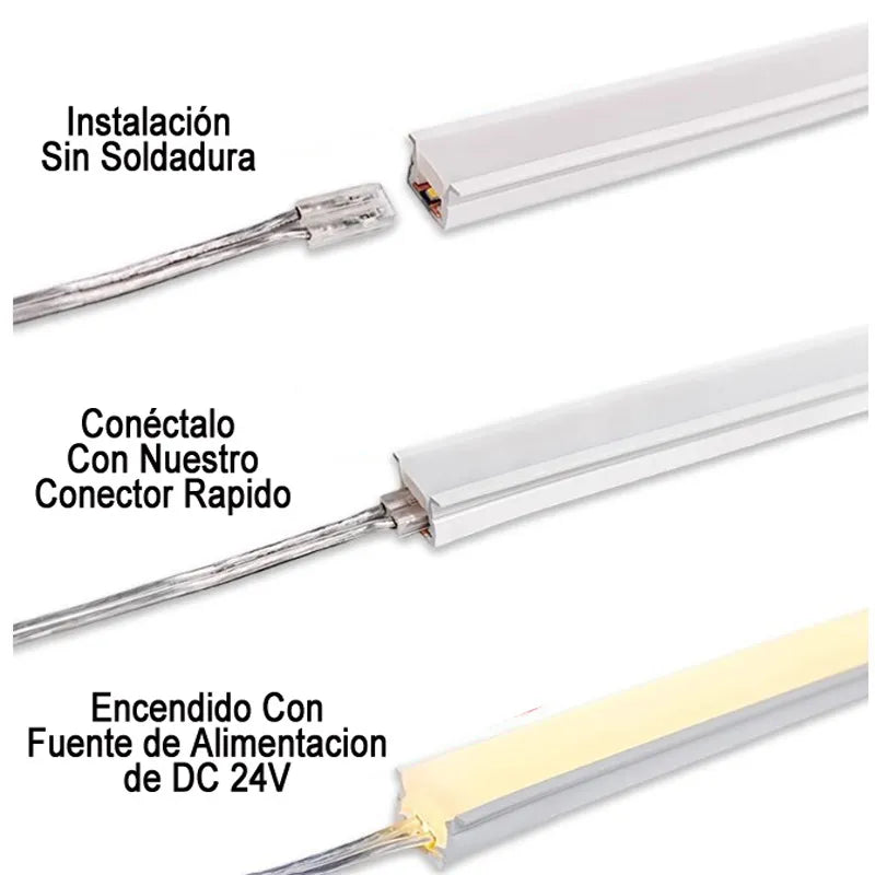 Tira LED DC 24V Neón de Silicona Empotrable 10x10mm 3000K-Blanco Calido 10W/M Ideal Para Armarios y Muebles Venta Por Metros Serie Munich