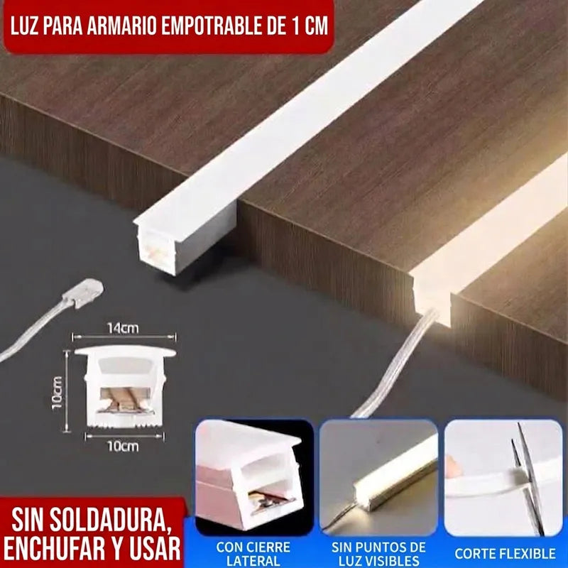 Tira LED DC 24V Neón de Silicona Empotrable 10x10mm 3000K-Blanco Calido 10W/M Ideal Para Armarios y Muebles Venta Por Metros Serie Munich