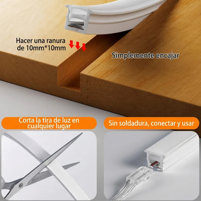 Tira LED DC 24V Neón de Silicona Empotrable 10x10mm 3000K-Blanco Calido 10W/M Ideal Para Armarios y Muebles Venta Por Metros Serie Munich