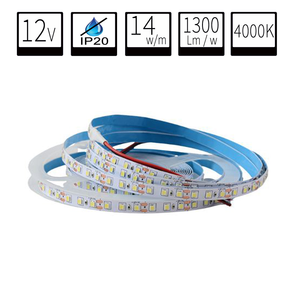 Tira LED 12V IP20 4000K 14w/m 1300lm/m 60chips/m SMD5050 Rollo de 5 metros Anchura 10mm