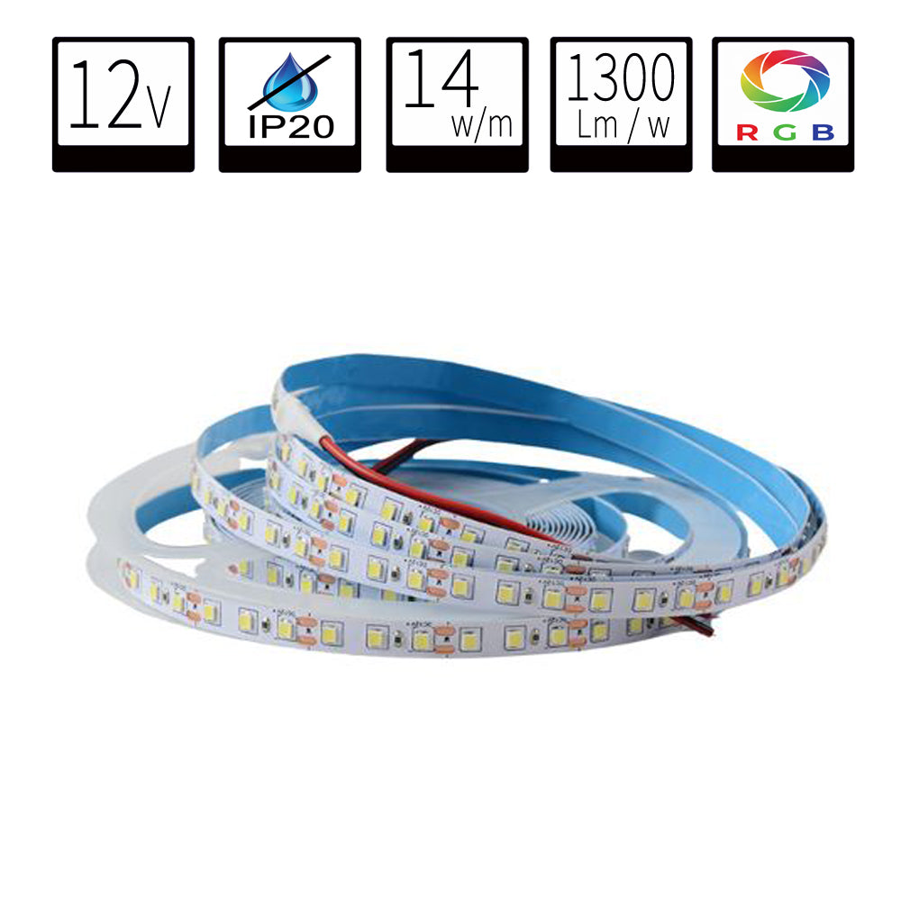 Tira LED 12V IP20 RGB 14w/m 1300lm/m 60chips/m SMD5050 Rollo de 5 metros Anchura 10mm