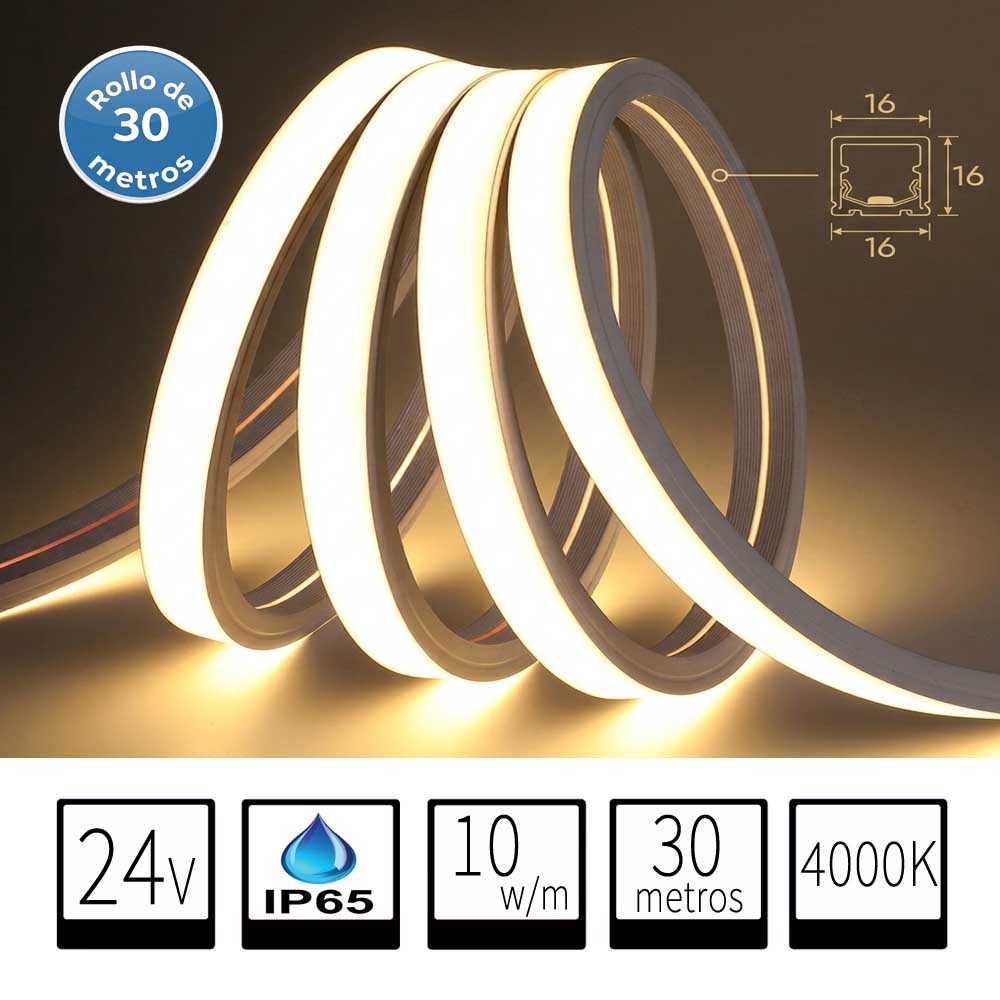 Neón LED Flexible 24V DC IP65 16x16mm 10W/m - Rollo de 30m - Luz Neutra 4000K