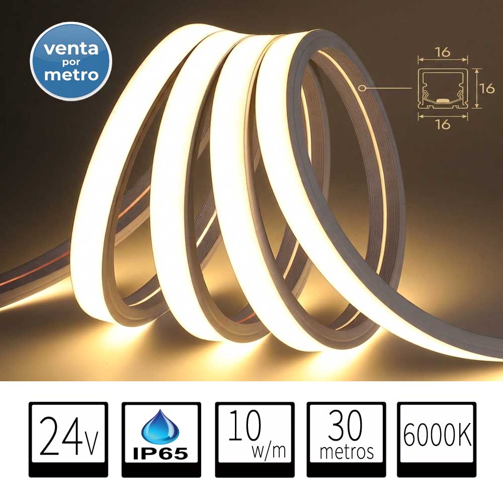 Neón LED Flexible 24V DC IP65 16x16mm 10W/m - Venta Por Metros - Luz Fria 6000K