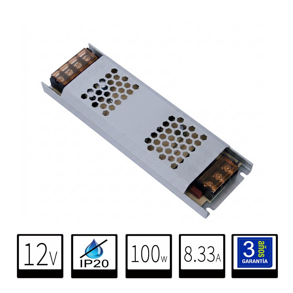 Transformador Slim-Alargado 12V IP20 100W Para Tiras LED
