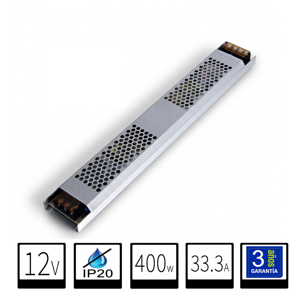 Transformador Slim-Alargado 12V IP20 400W Para Tiras LED