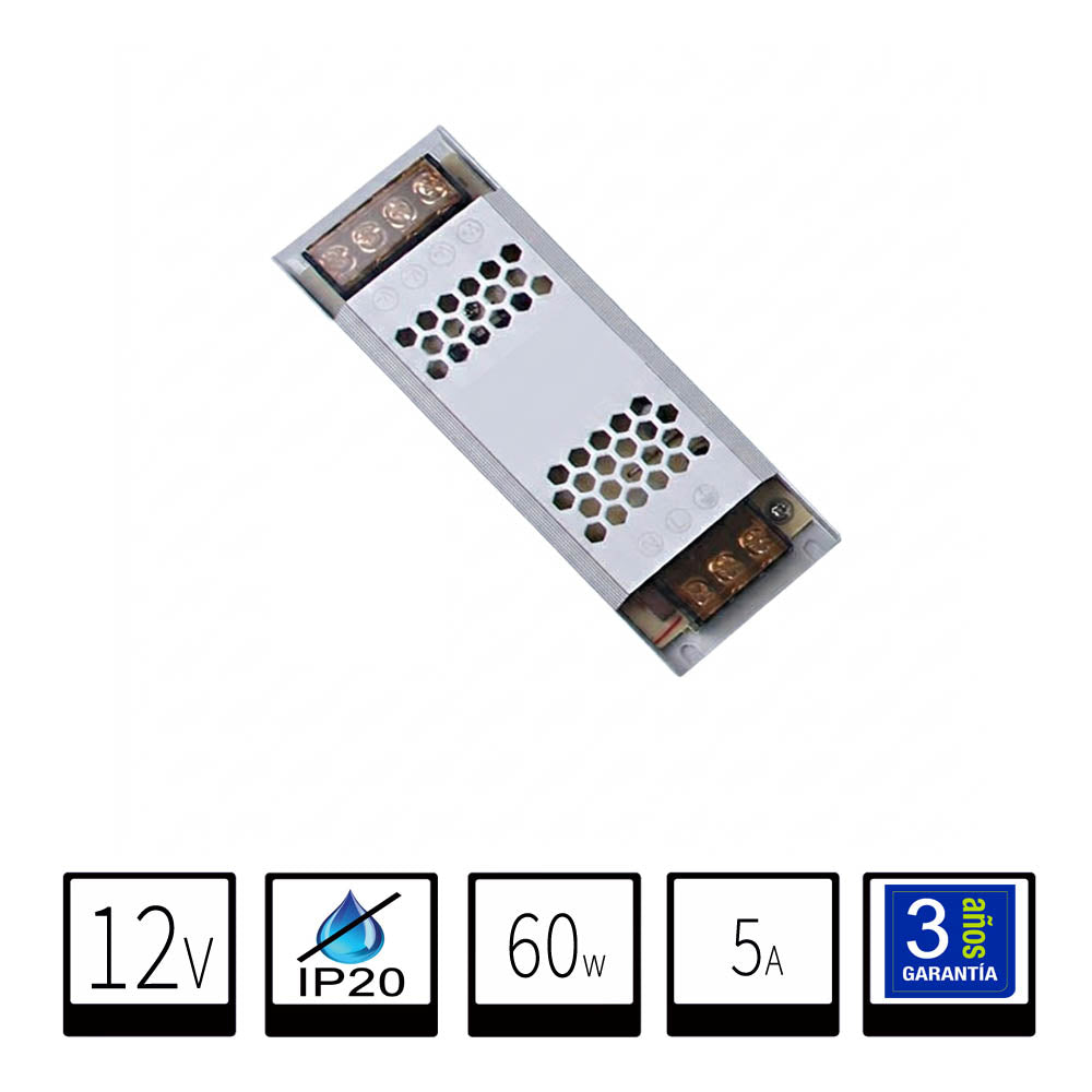 Transformador Slim-Alargado 12V IP20 60W Para Tiras LED
